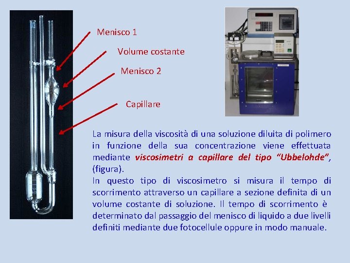 Menisco 1 Volume costante Menisco 2 Capillare La misura della viscosità di una soluzione