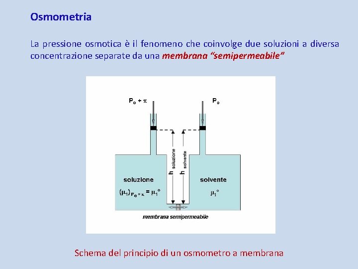 Osmometria La pressione osmotica è il fenomeno che coinvolge due soluzioni a diversa concentrazione