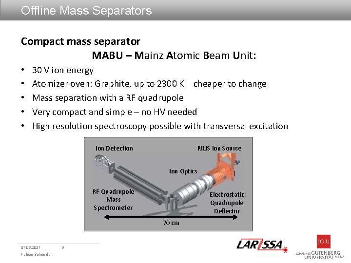 Offline Mass Separators Compact mass separator MABU – Mainz Atomic Beam Unit: • •