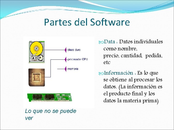 Partes del Software Data : Datos individuales como nombre, precio, cantidad, pedida, etc Información