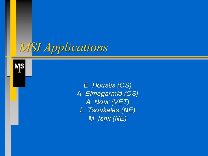 MSI Applications MS I E. Houstis (CS) A. Elmagarmid (CS) A. Nour (VET) L.