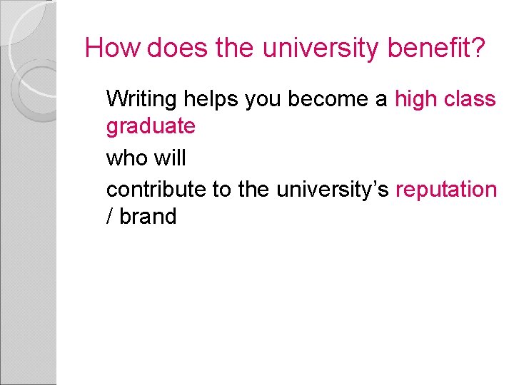 How does the university benefit? Writing helps you become a high class graduate who