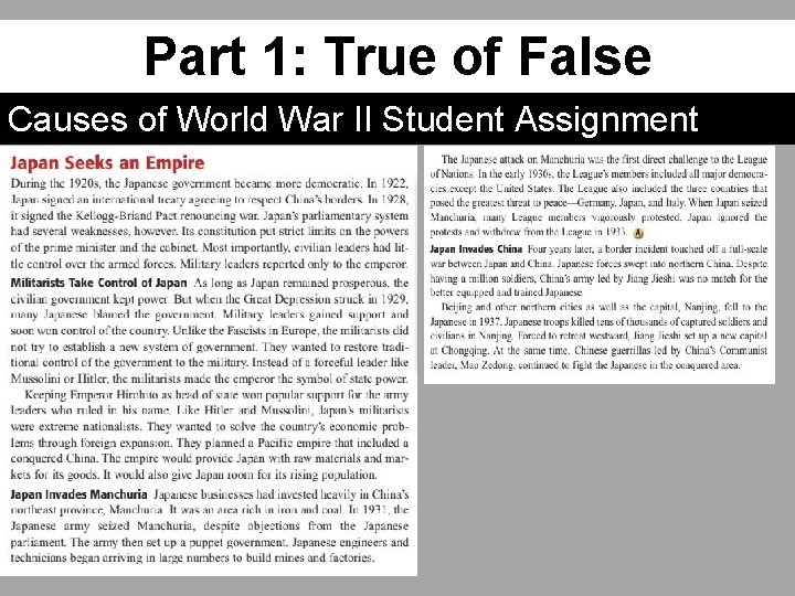 Part 1: True of False Causes of World War II Student Assignment 