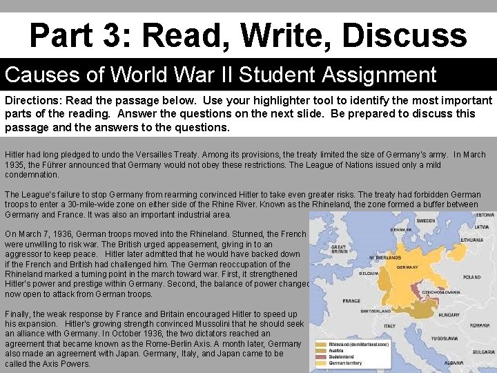 Part 3: Read, Write, Discuss Causes of World War II Student Assignment Directions: Read