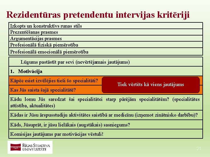 Rezidentūras pretendentu intervijas kritēriji Izkopts un konstruktīvs runas stils Prezentēšanas prasmes Argumentācijas prasmes Profesionālā Rezidentūras pretendentu intervijas kritēriji Izkopts un konstruktīvs runas stils Prezentēšanas prasmes Argumentācijas prasmes Profesionālā