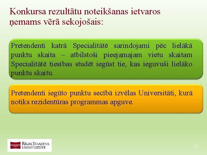 Konkursa rezultātu noteikšanas ietvaros ņemams vērā sekojošais: Pretendenti katrā Specialitātē sarindojami pēc lielākā punktu Konkursa rezultātu noteikšanas ietvaros ņemams vērā sekojošais: Pretendenti katrā Specialitātē sarindojami pēc lielākā punktu