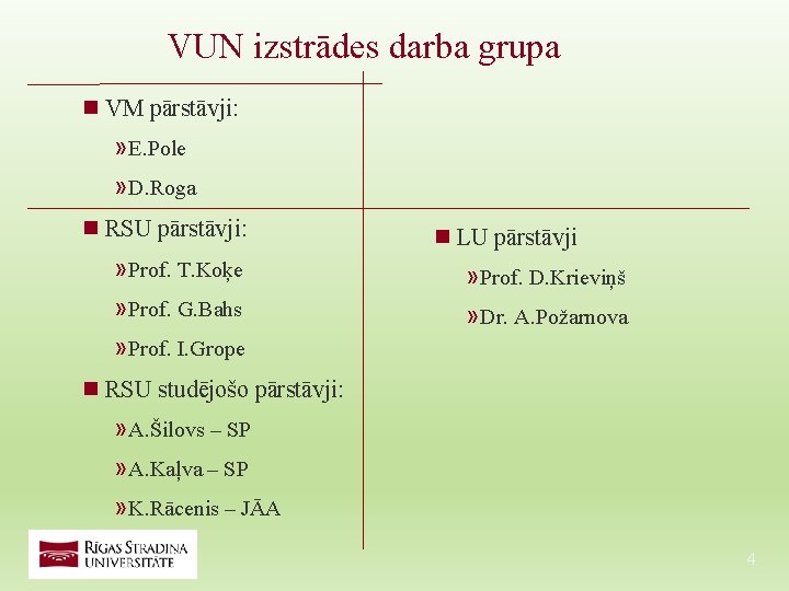 VUN izstrādes darba grupa n VM pārstāvji: » E. Pole » D. Roga n VUN izstrādes darba grupa n VM pārstāvji: » E. Pole » D. Roga n