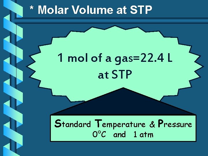* Molar Volume at STP 1 mol of a gas=22. 4 L at STP * Molar Volume at STP 1 mol of a gas=22. 4 L at STP