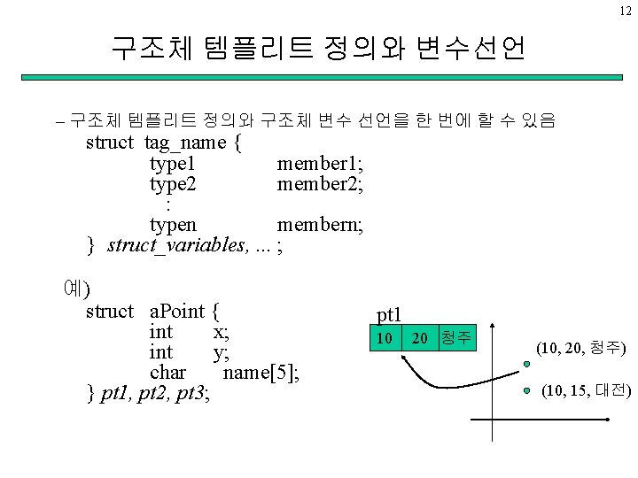 12 구조체 템플리트 정의와 변수선언 – 구조체 템플리트 정의와 구조체 변수 선언을 한 번에