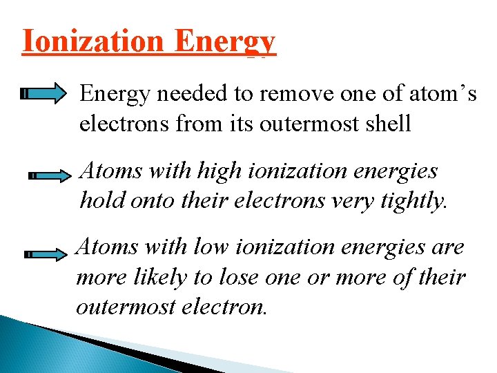 Ionization Energy needed to remove one of atom’s electrons from its outermost shell Atoms