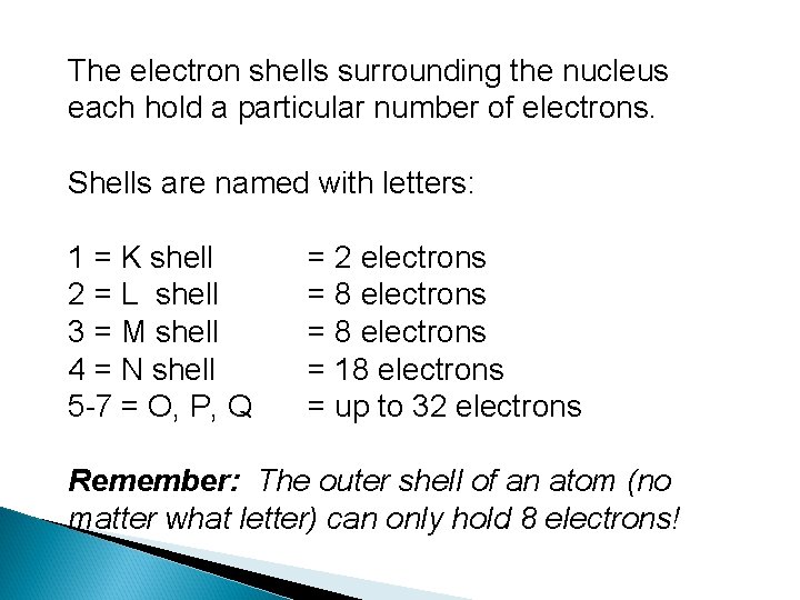 The electron shells surrounding the nucleus each hold a particular number of electrons. Shells