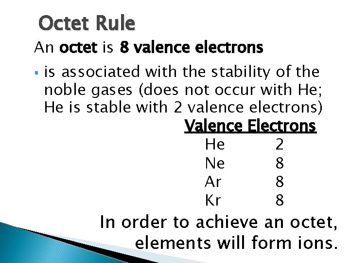 Octet Rule An octet is 8 valence electrons § is associated with the stability