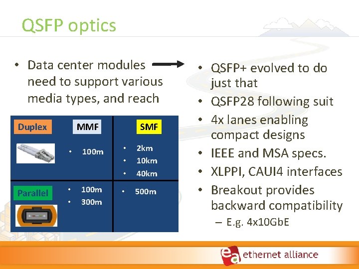 QSFP optics • Data center modules need to support various media types, and reach QSFP optics • Data center modules need to support various media types, and reach