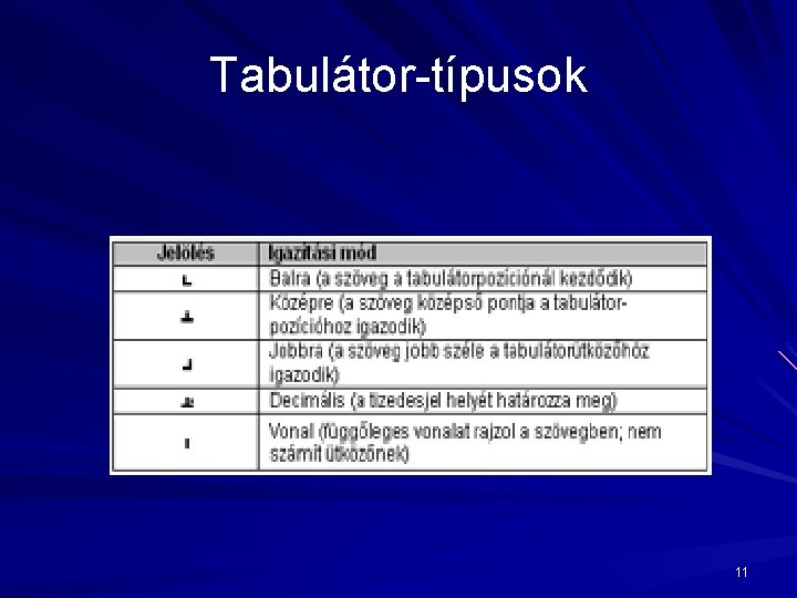 Tabulátor-típusok 11 