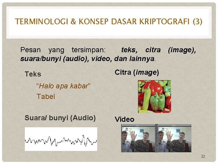 TERMINOLOGI & KONSEP DASAR KRIPTOGRAFI (3) Pesan yang tersimpan: teks, citra suara/bunyi (audio), video,