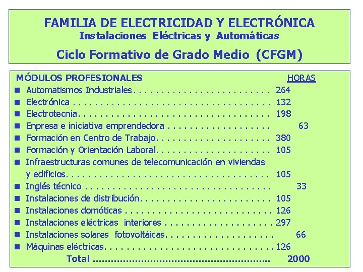 FAMILIA DE ELECTRICIDAD Y ELECTRÓNICA Instalaciones Eléctricas y Automáticas Ciclo Formativo de Grado Medio