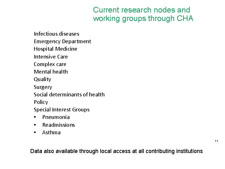 Current research nodes and working groups through CHA Infectious diseases Emergency Department Hospital Medicine