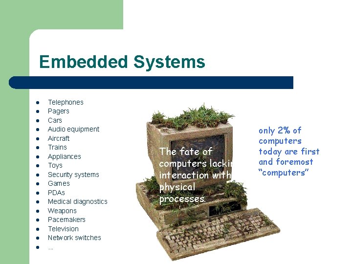 Embedded Systems l l l l l Telephones Pagers Cars Audio equipment Aircraft Trains