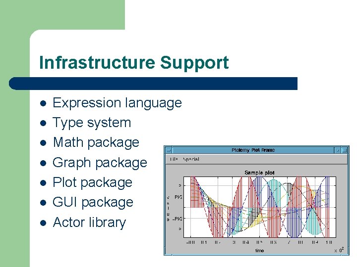 Infrastructure Support l l l l Expression language Type system Math package Graph package