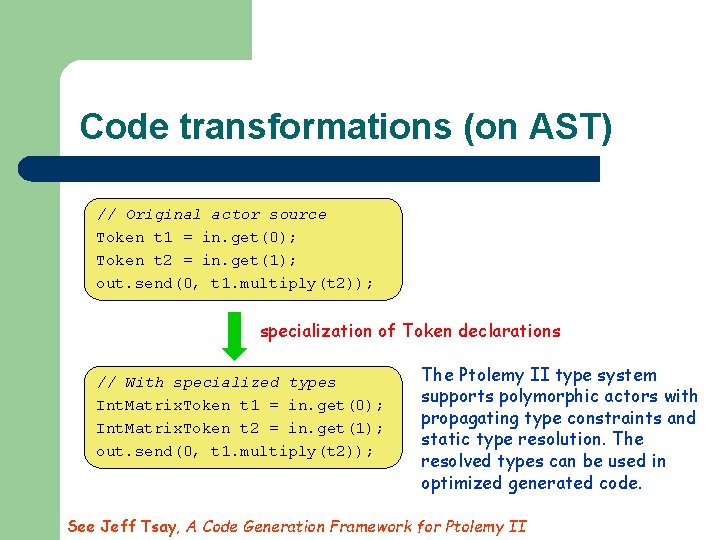 Code transformations (on AST) // Original actor source Token t 1 = in. get(0);