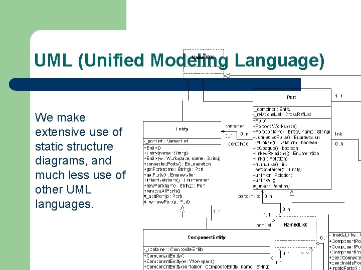 UML (Unified Modeling Language) We make extensive use of static structure diagrams, and much