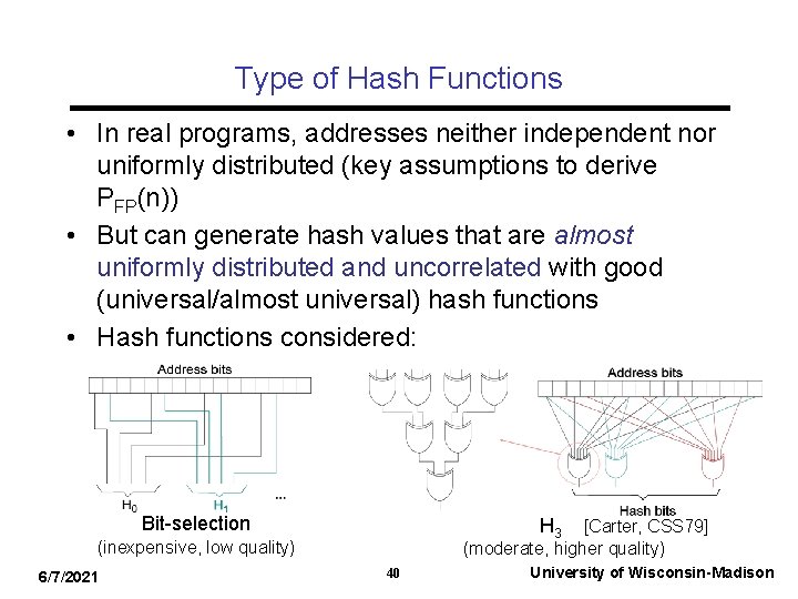 Type of Hash Functions • In real programs, addresses neither independent nor uniformly distributed