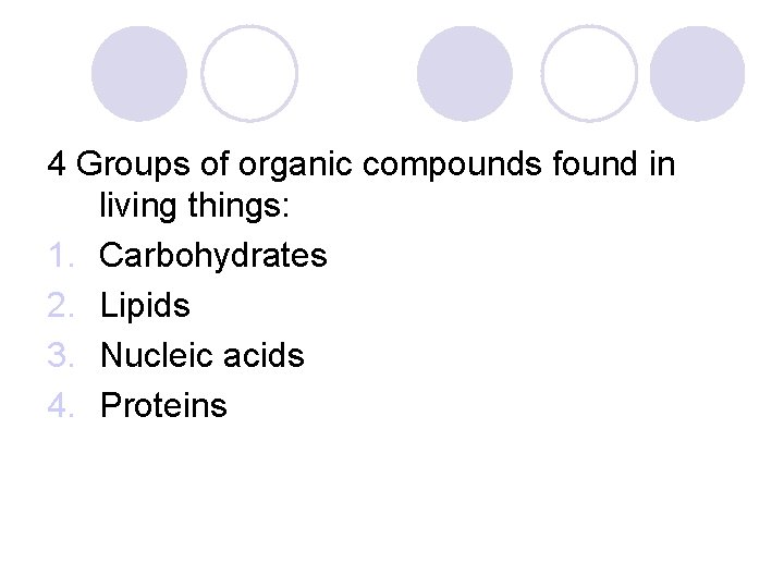 4 Groups of organic compounds found in living things: 1. Carbohydrates 2. Lipids 3.