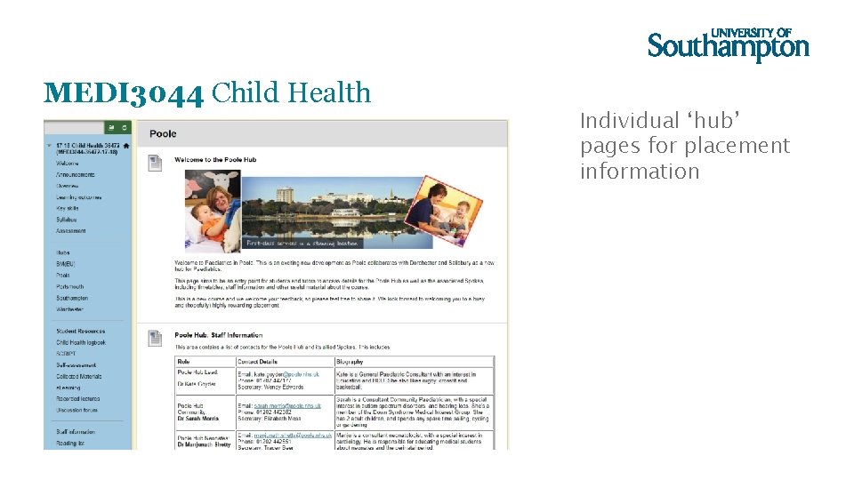 MEDI 3044 Child Health Individual ‘hub’ pages for placement information 