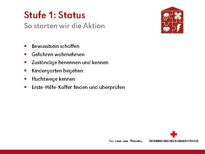 Stufe 1: Status So starten wir die Aktion § § § Bewusstsein schaffen Gefahren