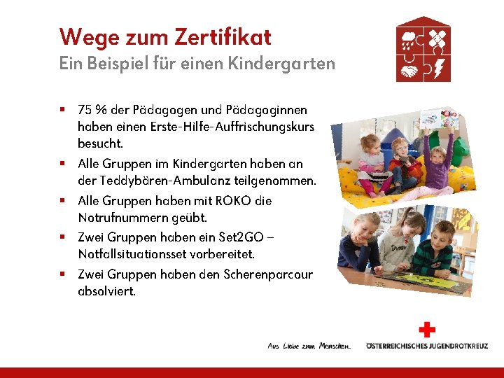 Wege zum Zertifikat Ein Beispiel für einen Kindergarten § 75 % der Pädagogen und