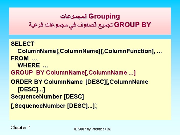  ﺍﻟﻤﺠﻤﻮﻋـﺎﺕ Grouping ﺘﺠﻤﻴﻊ ﺍﻟﺼﻔﻮﻑ ﻓﻲ ﻤﺠﻤﻮﻋﺎﺕ ﻓﺮﻋﻴﺔ GROUP BY SELECT Column. Name[, Column.