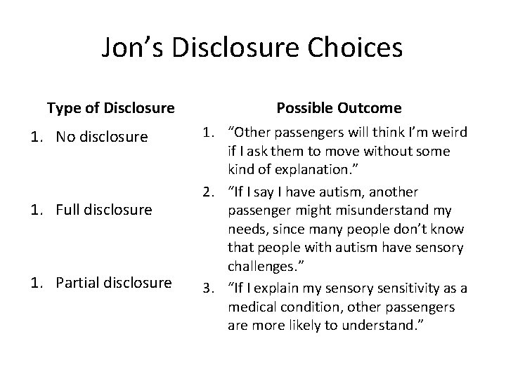 Jon’s Disclosure Choices Type of Disclosure 1. No disclosure 1. Full disclosure 1. Partial Jon’s Disclosure Choices Type of Disclosure 1. No disclosure 1. Full disclosure 1. Partial