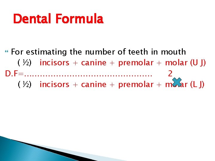 Dental Formula For estimating the number of teeth in mouth ( ½) incisors +