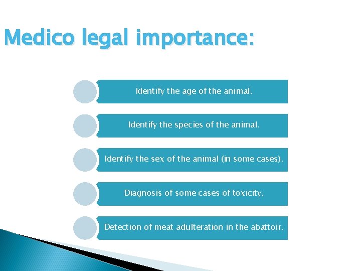 Medico legal importance: Identify the age of the animal. Identify the species of the