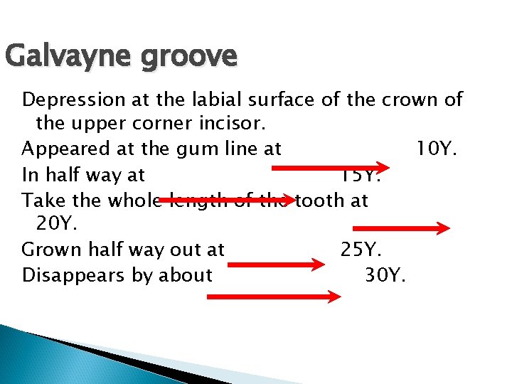 Galvayne groove Depression at the labial surface of the crown of the upper corner