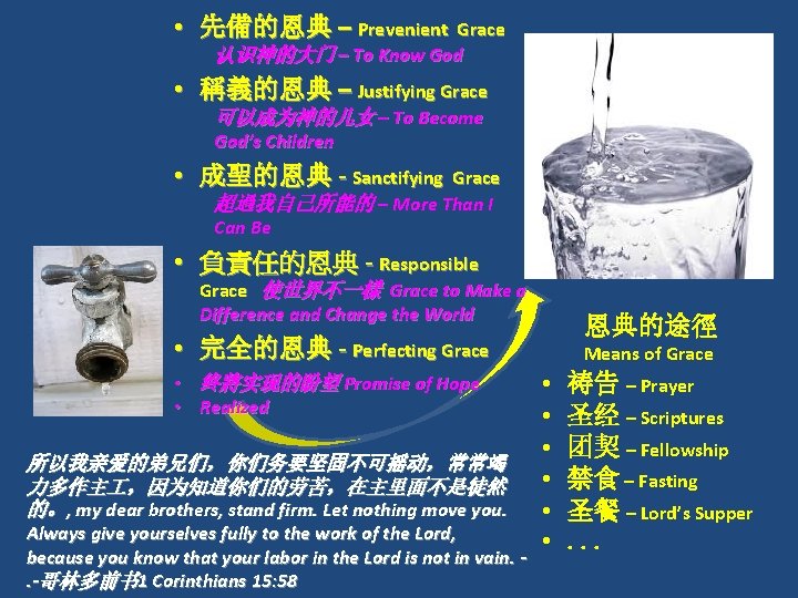  • 先備的恩典 – Prevenient Grace 认识神的大门 – To Know God • 稱義的恩典 –