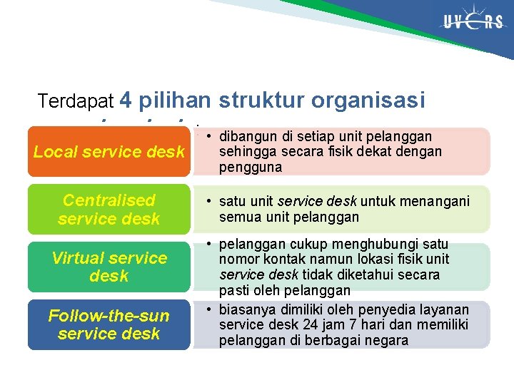 Terdapat 4 pilihan struktur organisasi service desk : • dibangun di setiap unit pelanggan