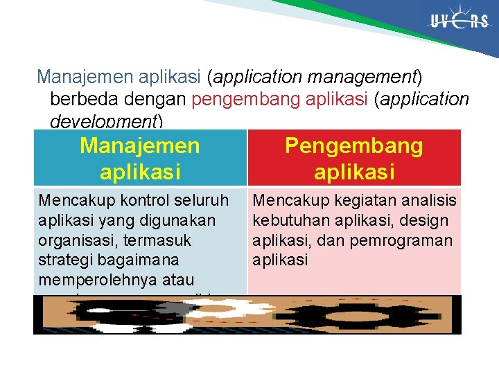 Manajemen aplikasi (application management) berbeda dengan pengembang aplikasi (application development) Manajemen aplikasi Mencakup kontrol