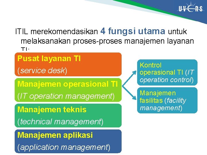 ITIL merekomendasikan 4 fungsi utama untuk melaksanakan proses-proses manajemen layanan TI: Pusat layanan TI