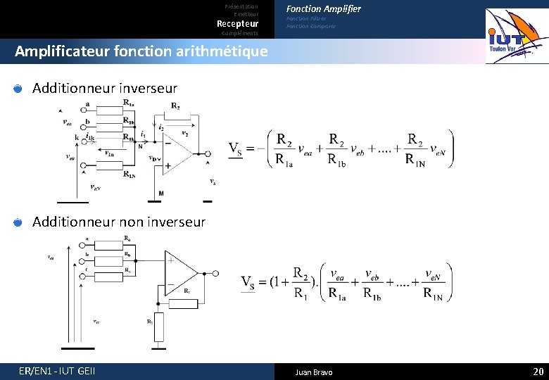 Présentation Emetteur Recepteur Compléments Fonction Amplifier Fonction Filtrer Fonction Comparer Amplificateur fonction arithmétique Additionneur