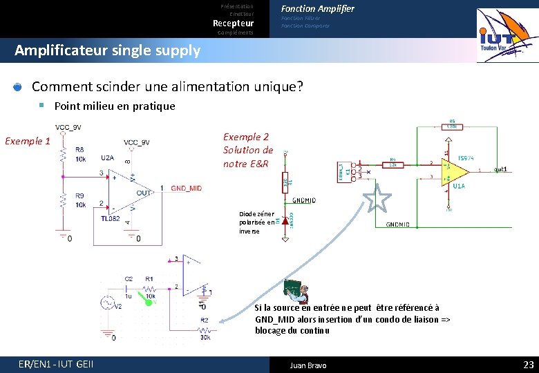 Fonction Amplifier Présentation Emetteur Fonction Filtrer Fonction Comparer Recepteur Compléments Amplificateur single supply Comment