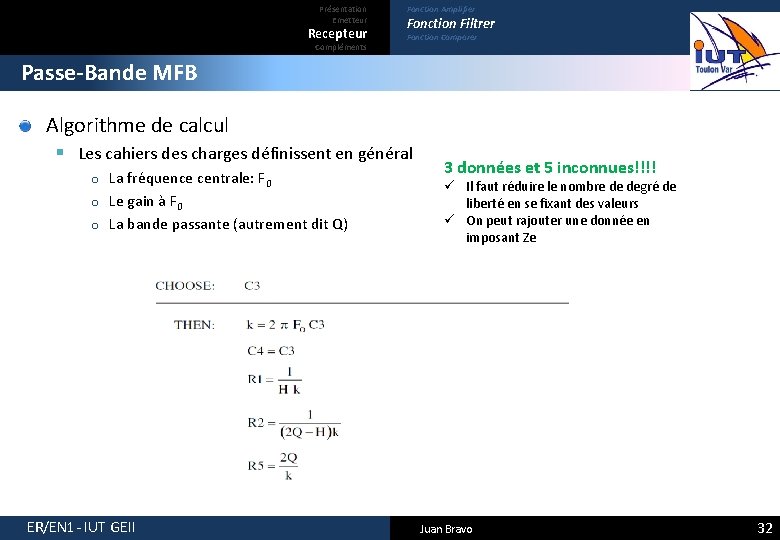 Présentation Emetteur Recepteur Compléments Fonction Amplifier Fonction Filtrer Fonction Comparer Passe-Bande MFB Algorithme de