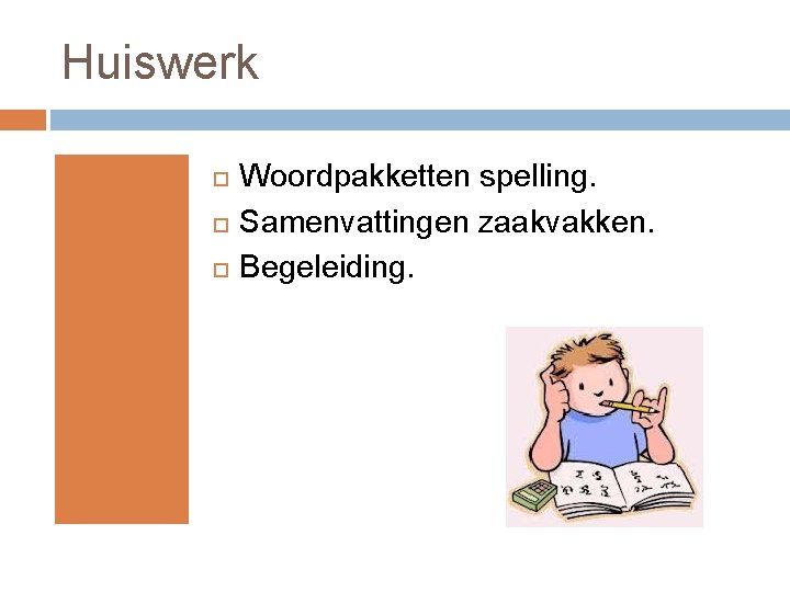 Huiswerk Woordpakketten spelling. Samenvattingen zaakvakken. Begeleiding. 