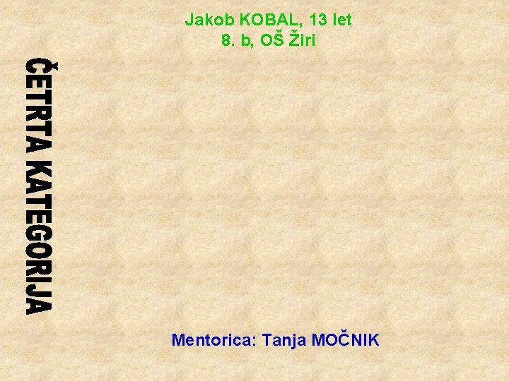 Jakob KOBAL, 13 let 8. b, OŠ Žiri Mentorica: Tanja MOČNIK 