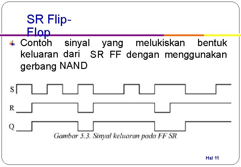 SR Flip. Flop Contoh sinyal yang melukiskan bentuk keluaran dari SR FF dengan menggunakan
