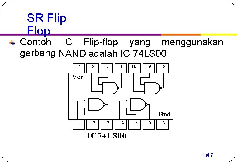 SR Flip. Flop Contoh IC Flip-flop yang menggunakan gerbang NAND adalah IC 74 LS