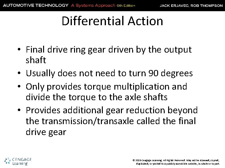 Differential Action • Final drive ring gear driven by the output shaft • Usually