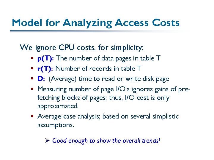 Model for Analyzing Access Costs We ignore CPU costs, for simplicity: p(T): The number