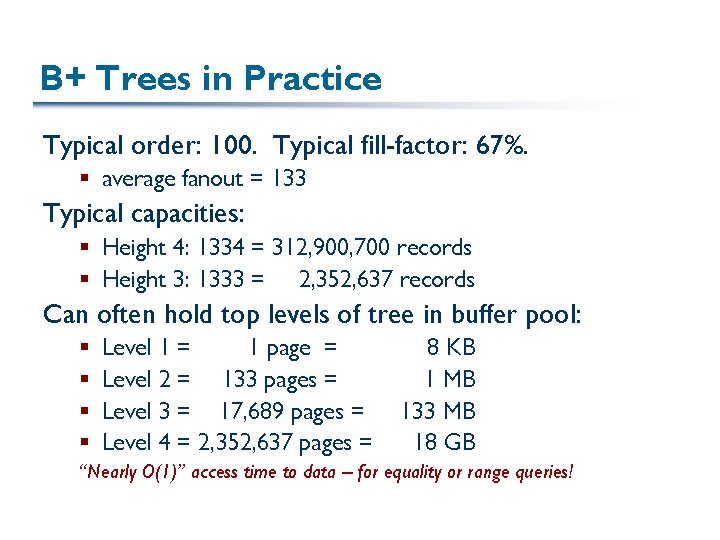 B+ Trees in Practice Typical order: 100. Typical fill-factor: 67%. § average fanout =