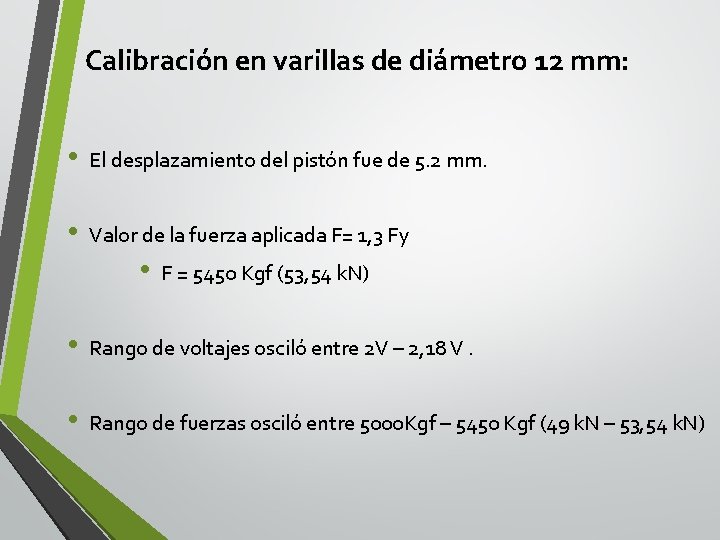 Calibración en varillas de diámetro 12 mm: • El desplazamiento del pistón fue de